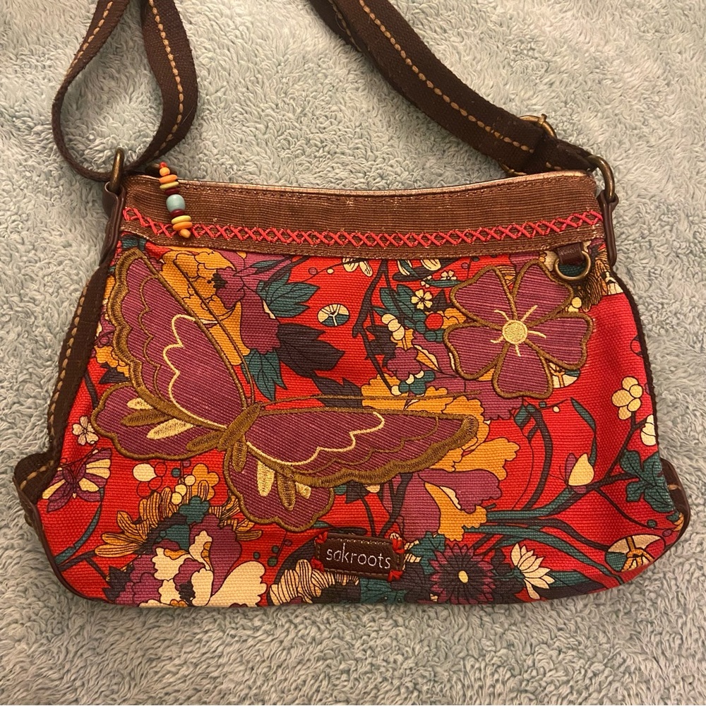 Sakroots Red Floral Butterfly Crossbody Bag